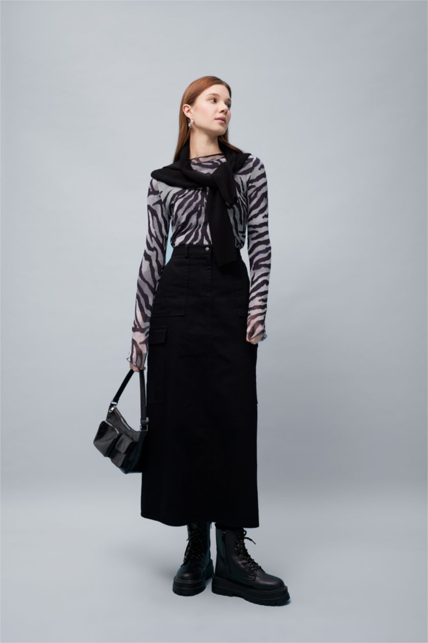 Kadın Siyah Kargo Fıt Gabardin Uzun Boy Etek