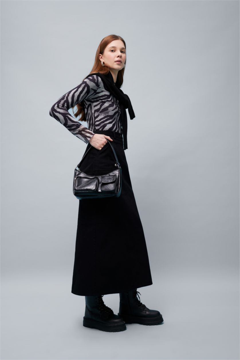 Kadın Siyah Kargo Fıt Gabardin Uzun Boy Etek