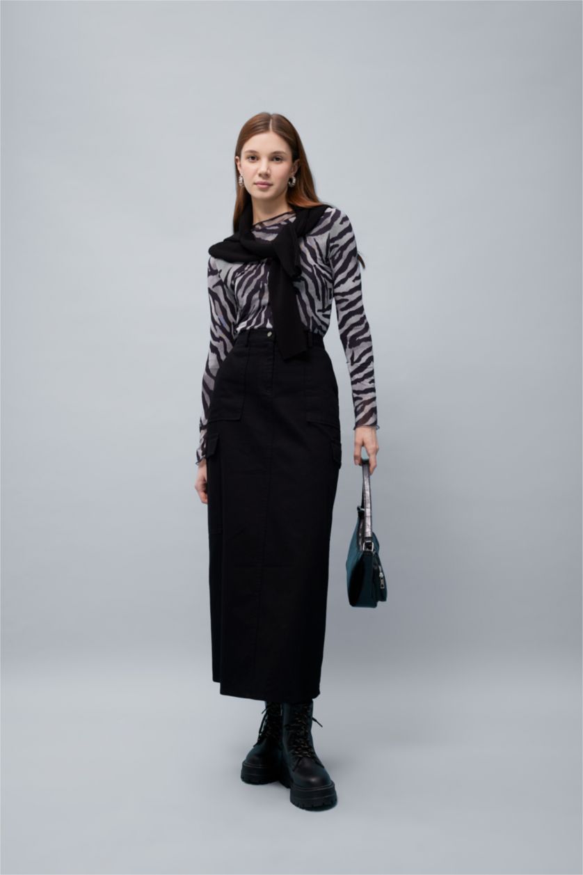 Kadın Siyah Kargo Fıt Gabardin Uzun Boy Etek