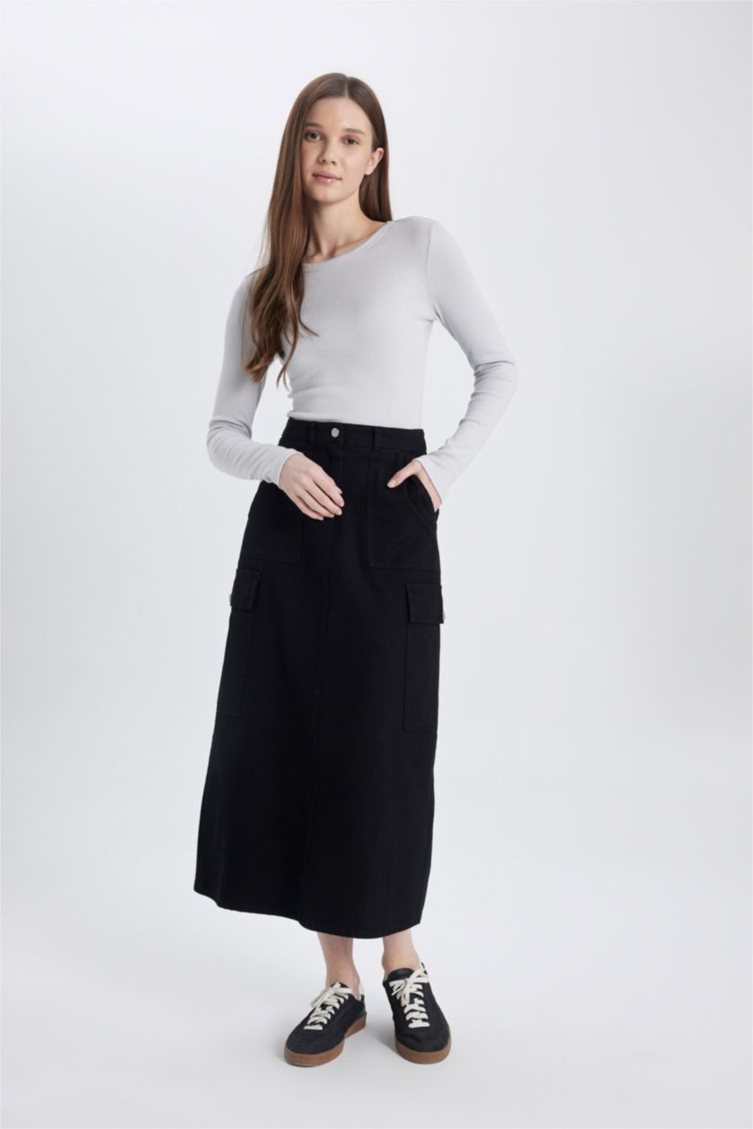 Kadın Siyah Kargo Fıt Gabardin Uzun Boy Etek