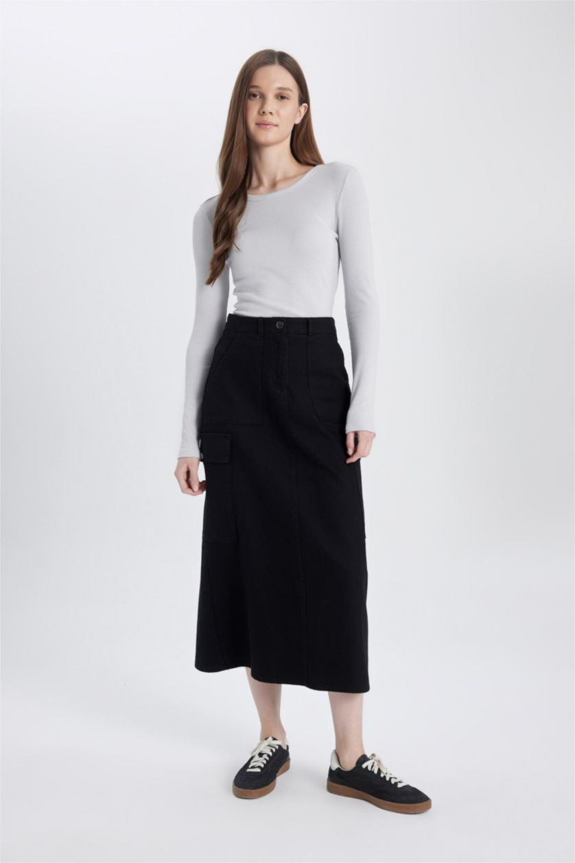 Kadın Siyah Kargo Fıt Gabardin Uzun Boy Etek