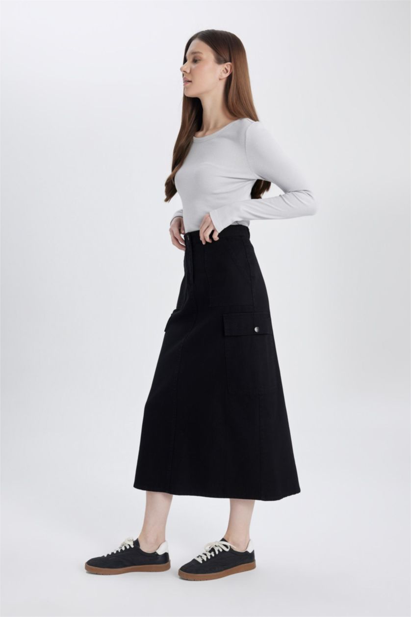 Kadın Siyah Kargo Fıt Gabardin Uzun Boy Etek