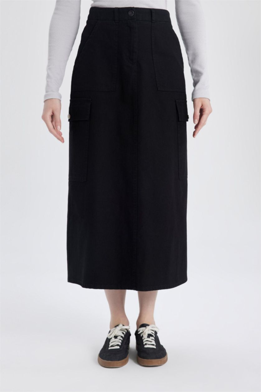 Kadın Siyah Kargo Fıt Gabardin Uzun Boy Etek