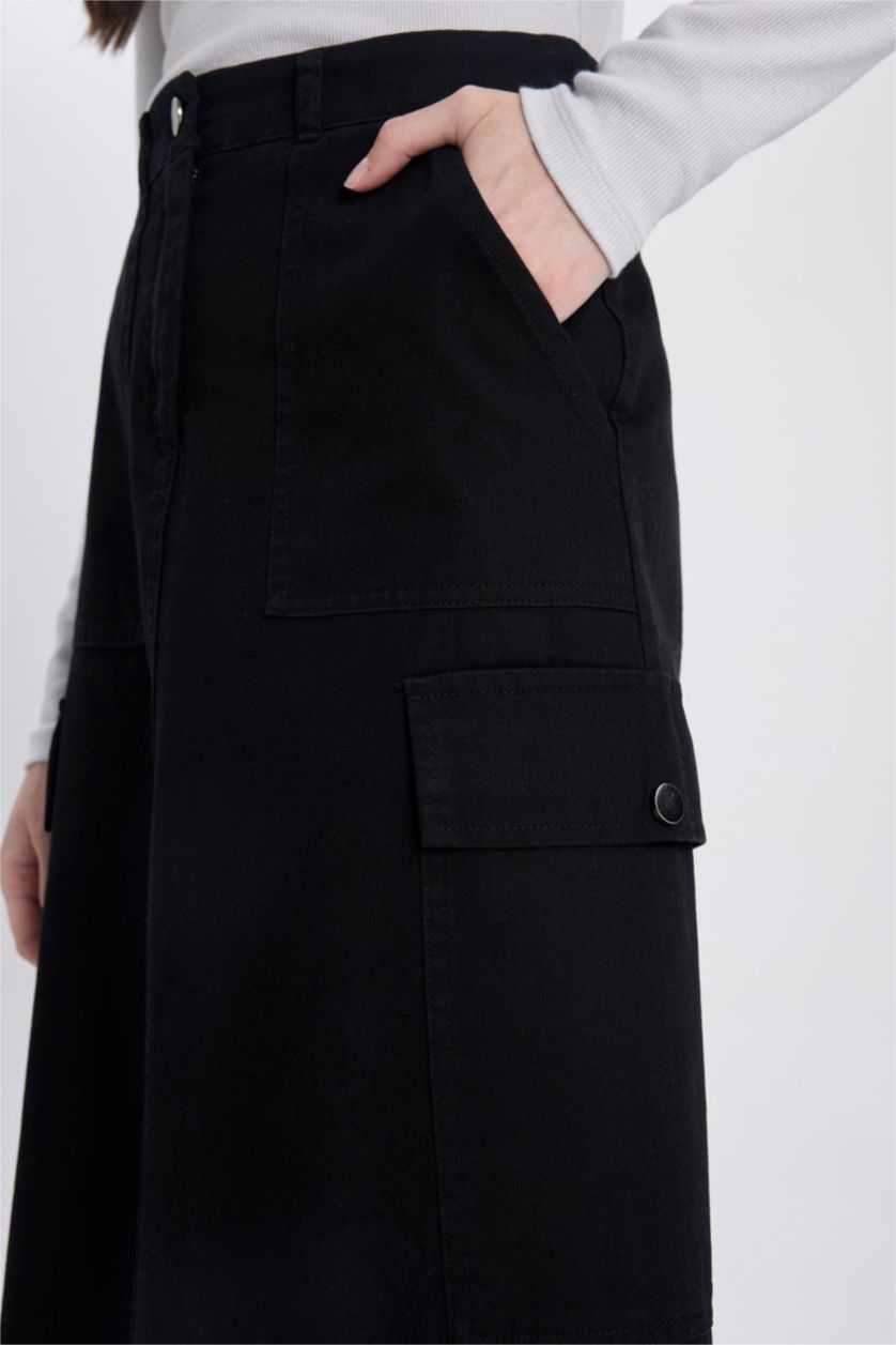 Kadın Siyah Kargo Fıt Gabardin Uzun Boy Etek