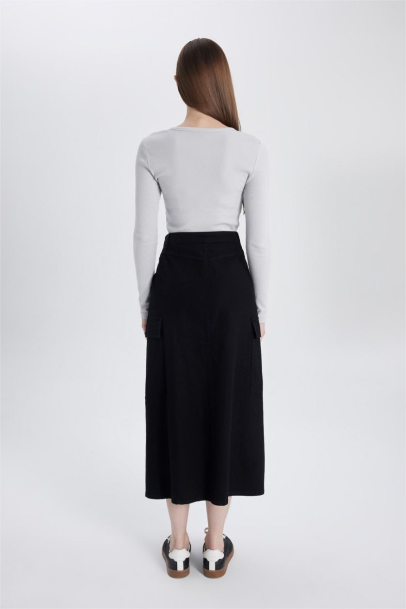 Kadın Siyah Kargo Fıt Gabardin Uzun Boy Etek