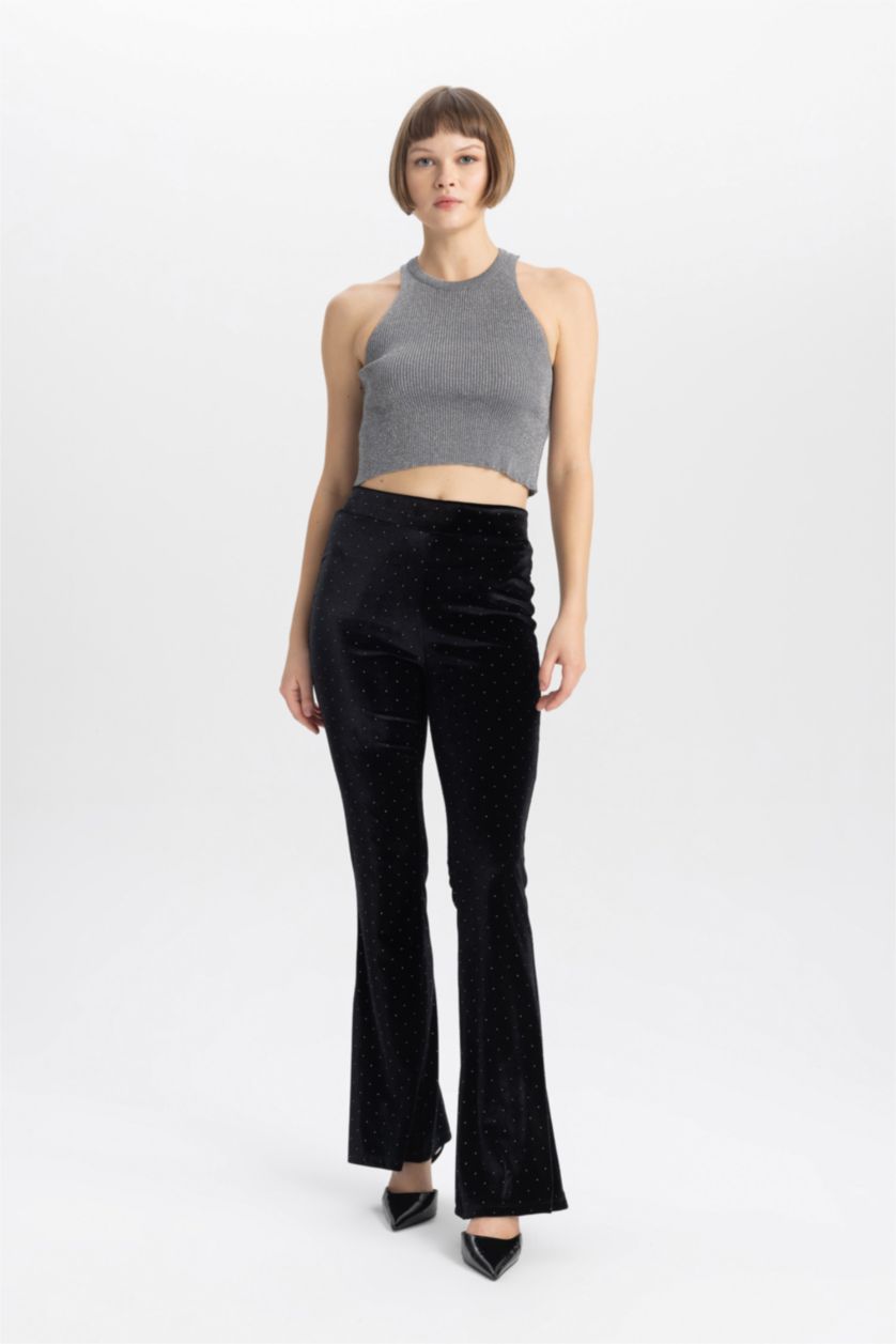 حريمي أسود بنطلون شارلستون قطيفة برجل واسع