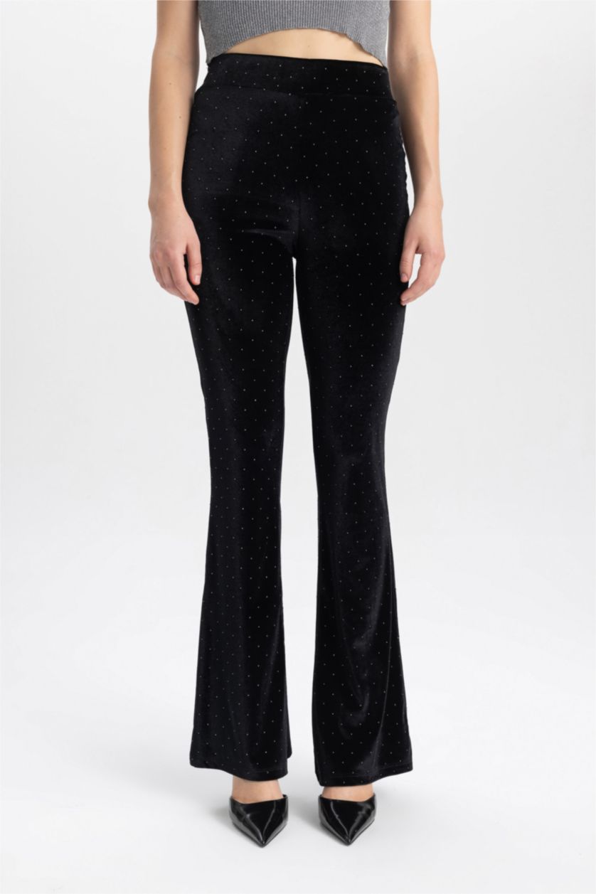 حريمي أسود بنطلون شارلستون قطيفة برجل واسع