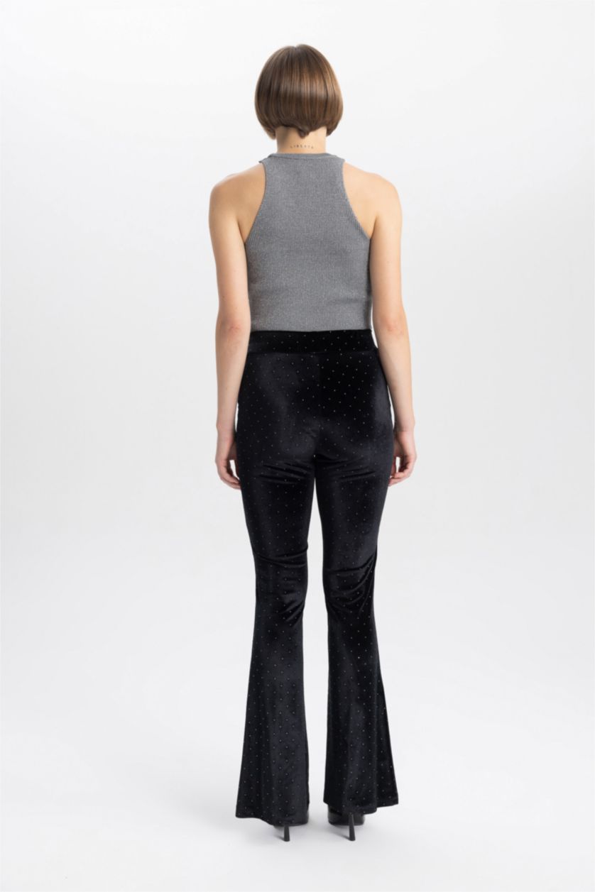 حريمي أسود بنطلون شارلستون قطيفة برجل واسع