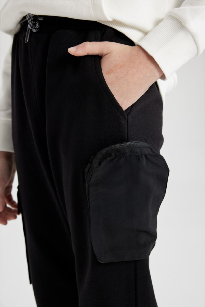 Erkek Çocuk - Genç Erkek Siyah Erkek Çocuk Beli Paçası Lastikli Kargo Cepli Jogger Eşofman Altı