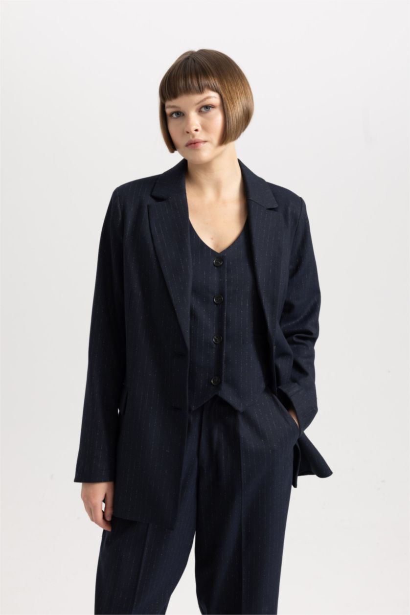 حريمي كحلي بليزر مخطط قصة فضفاضة