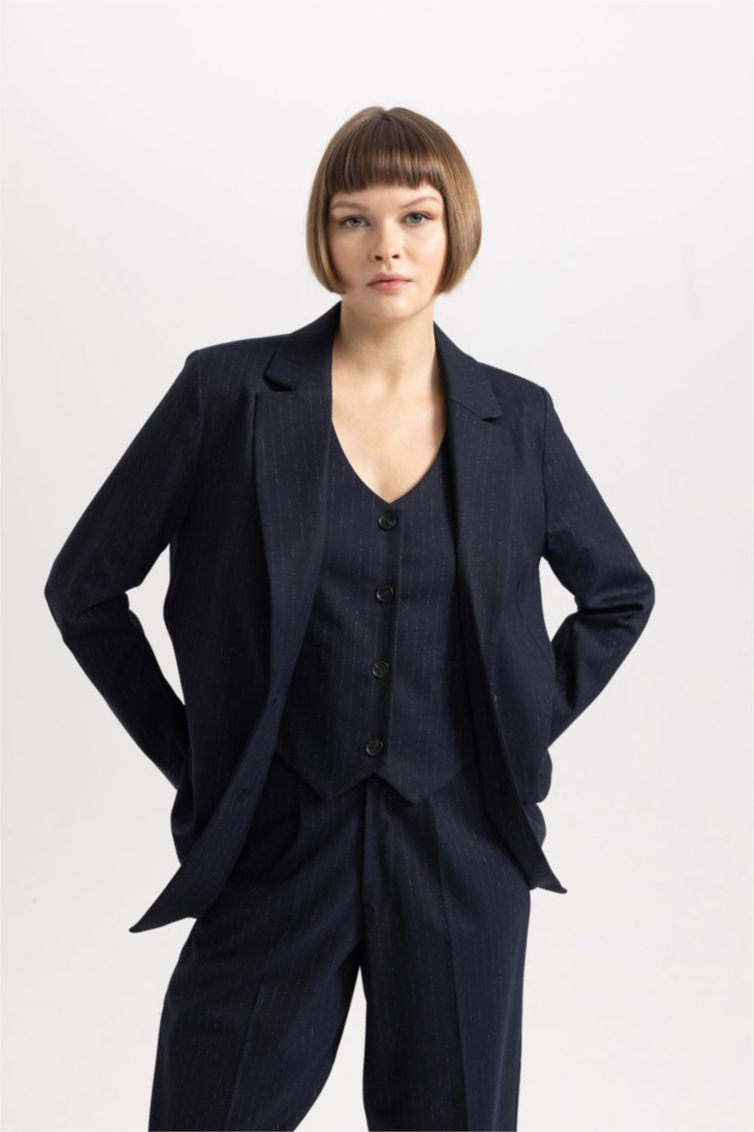 حريمي كحلي بليزر مخطط قصة فضفاضة