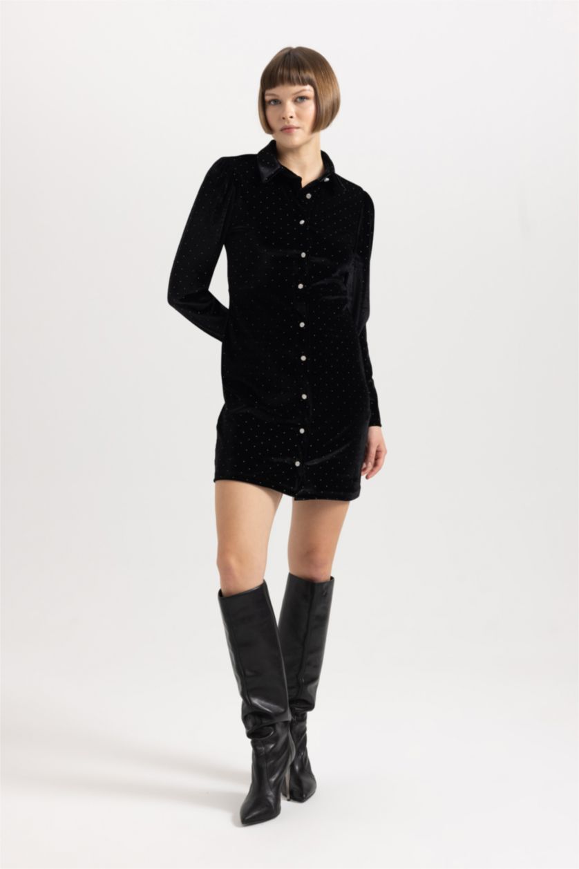 حريمي أسود فستان قصير كم طويل بياقة قميص