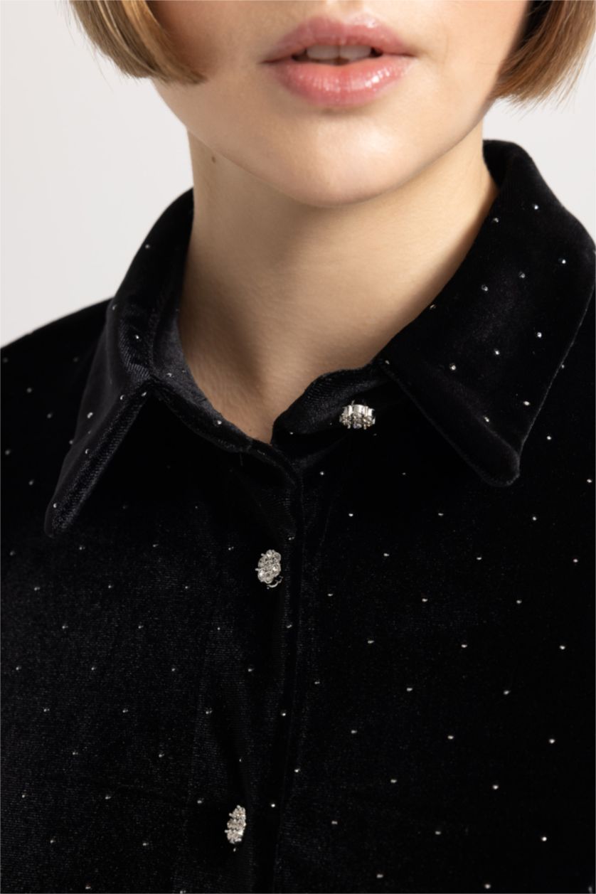 حريمي أسود فستان قصير كم طويل بياقة قميص