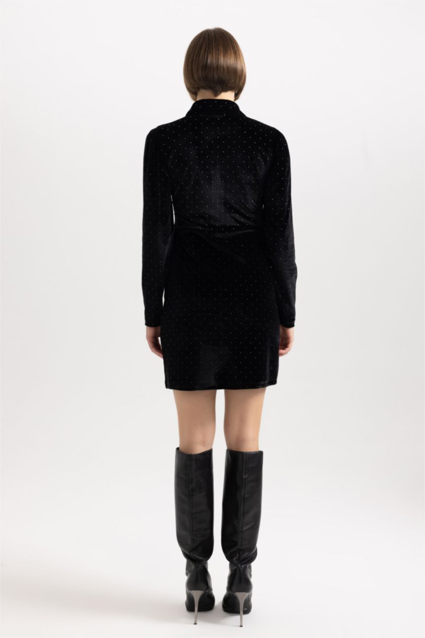 حريمي أسود فستان قصير كم طويل بياقة قميص