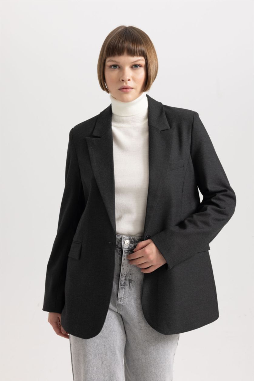 حريمي رمادي داكن بليزر اوفر سايز قصة واسعة رمادي داكن