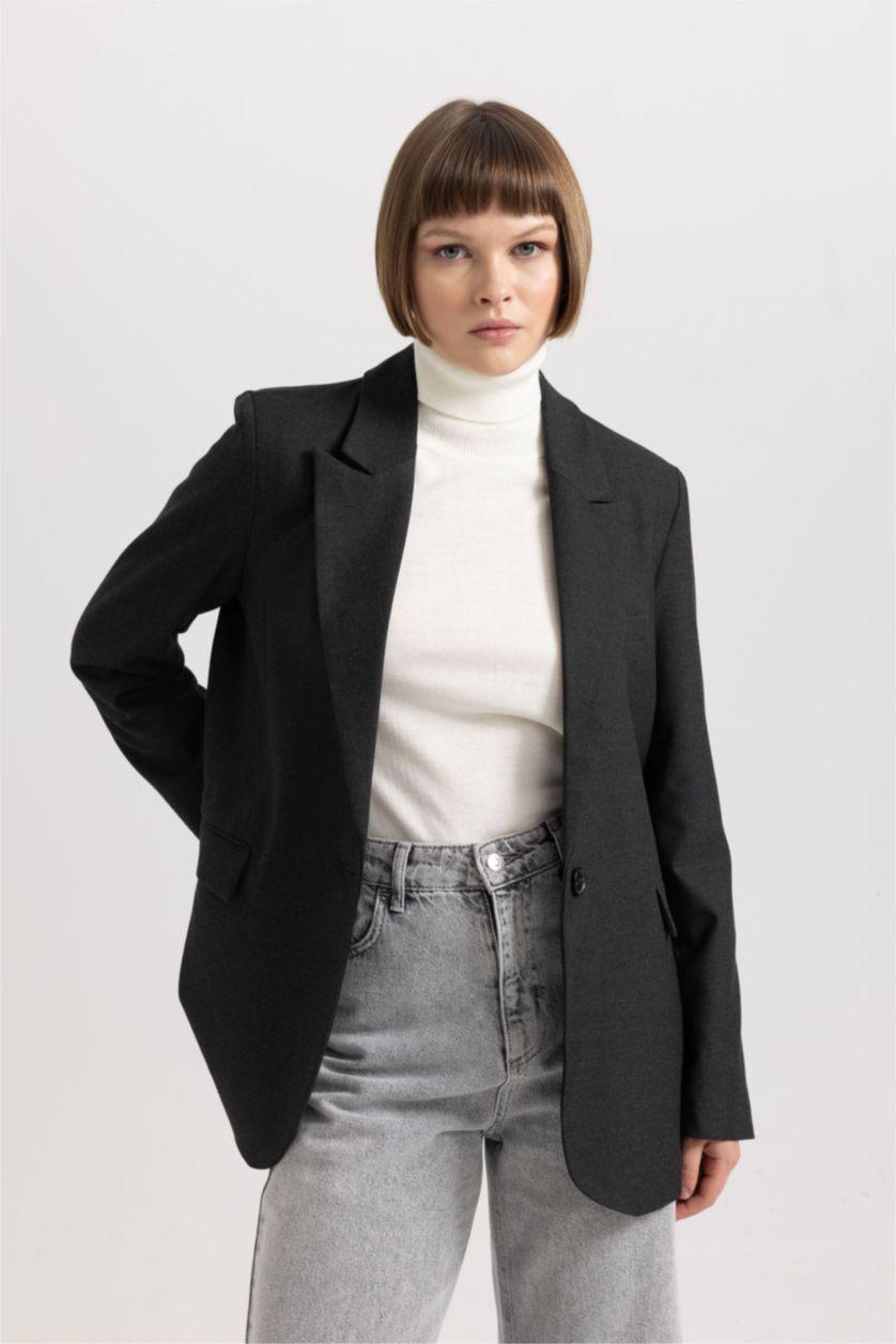 حريمي رمادي داكن بليزر اوفر سايز قصة واسعة رمادي داكن