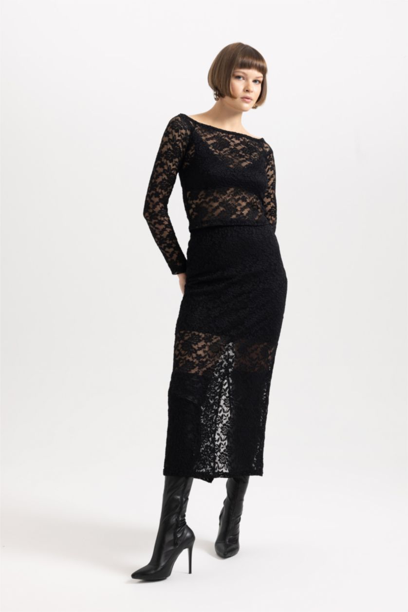 Kadın Siyah Slim Fit Dar Kesim Omuzu Açık Dantel Uzun Kollu Siyah Bluz