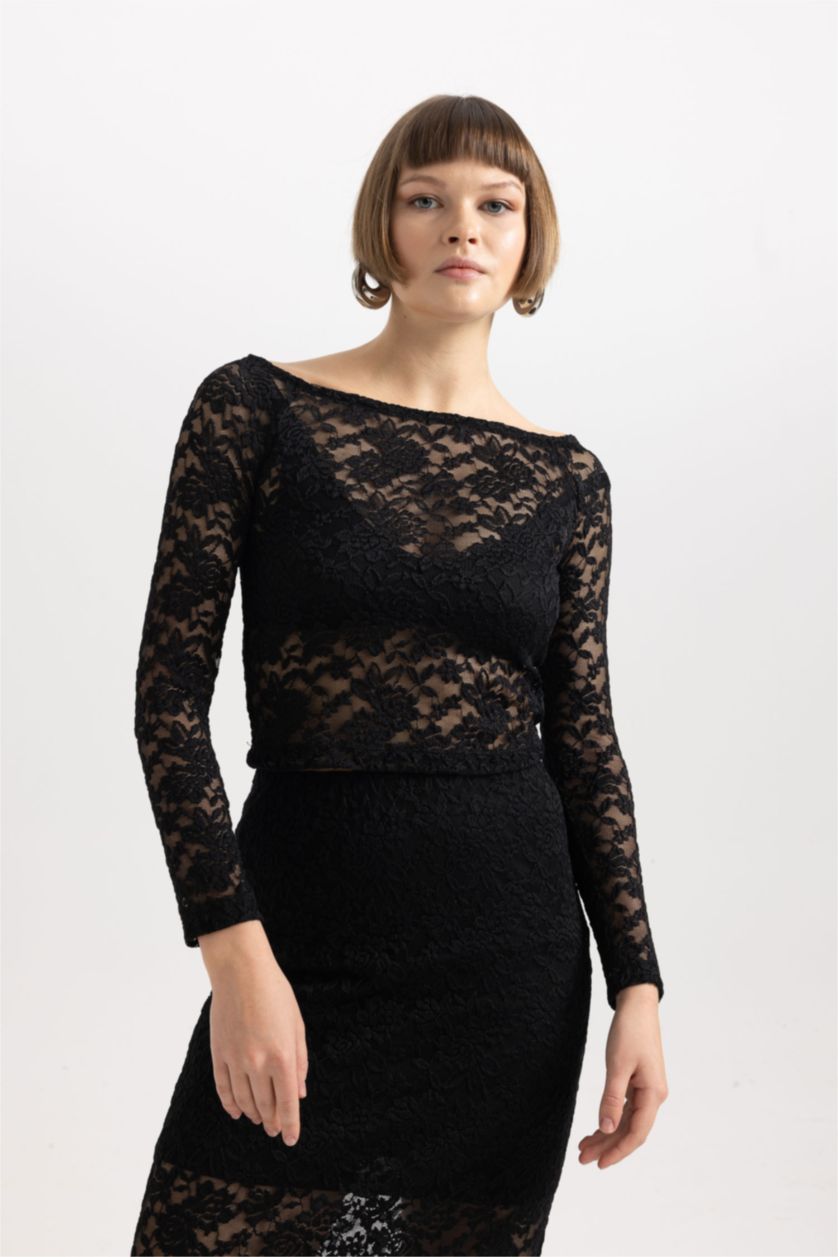 Kadın Siyah Slim Fit Dar Kesim Omuzu Açık Dantel Uzun Kollu Siyah Bluz