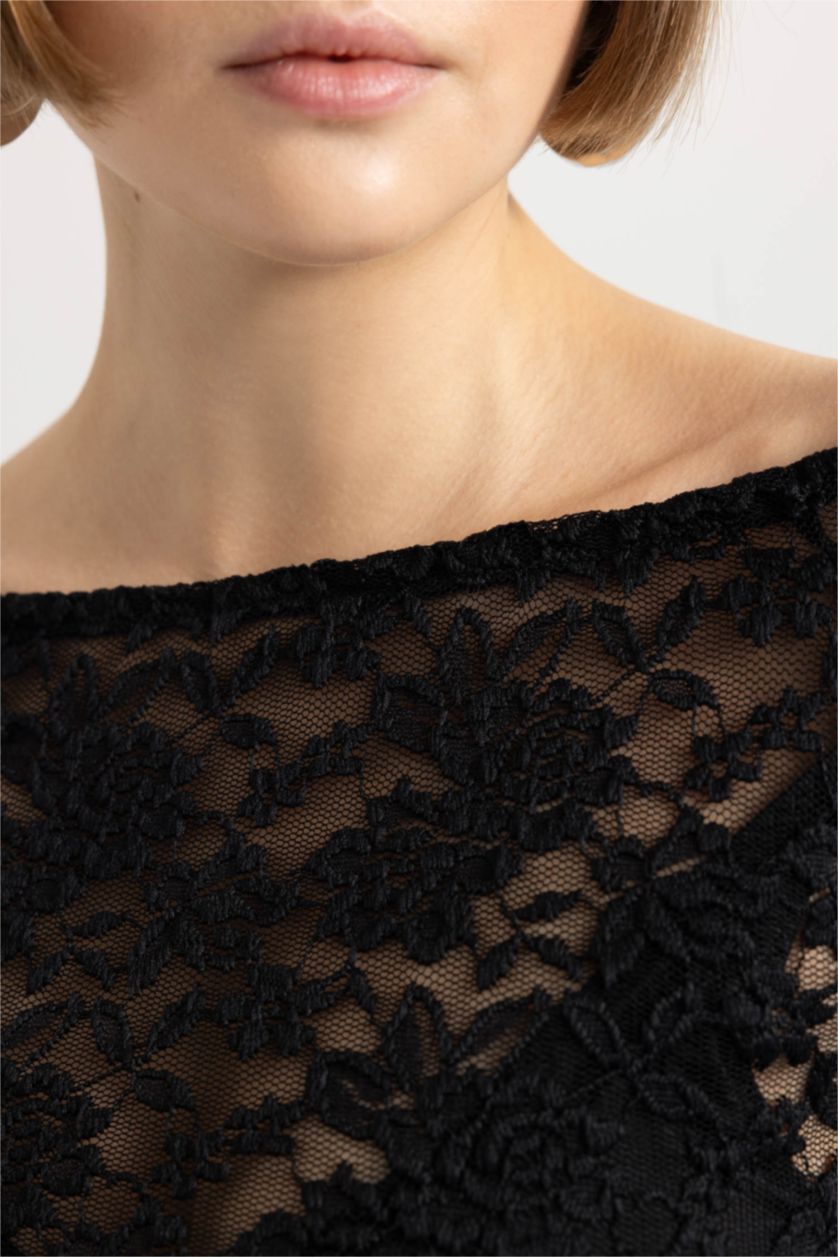 Kadın Siyah Slim Fit Dar Kesim Omuzu Açık Dantel Uzun Kollu Siyah Bluz