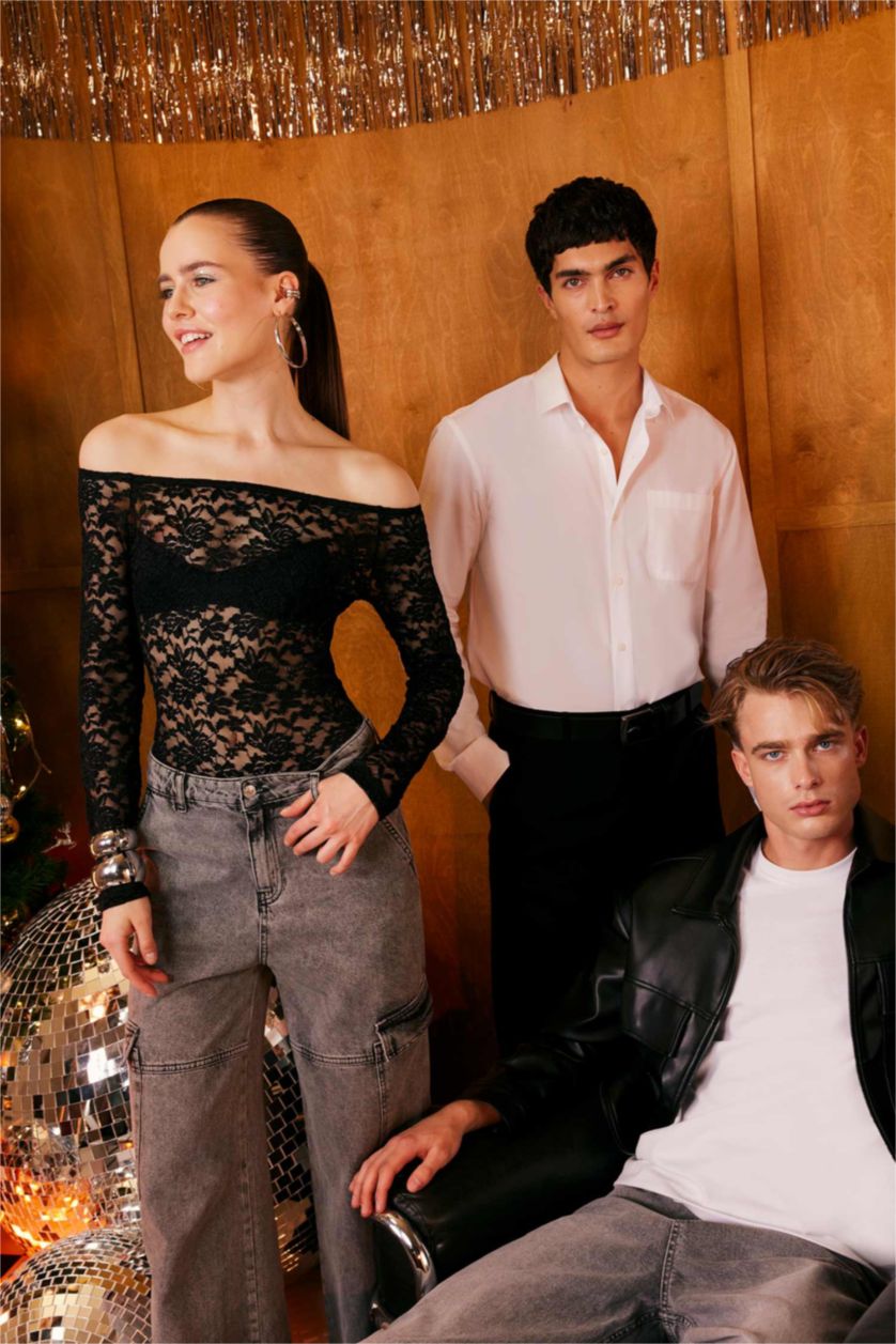 Kadın Siyah Slim Fit Dar Kesim Omuzu Açık Dantel Uzun Kollu Siyah Bluz