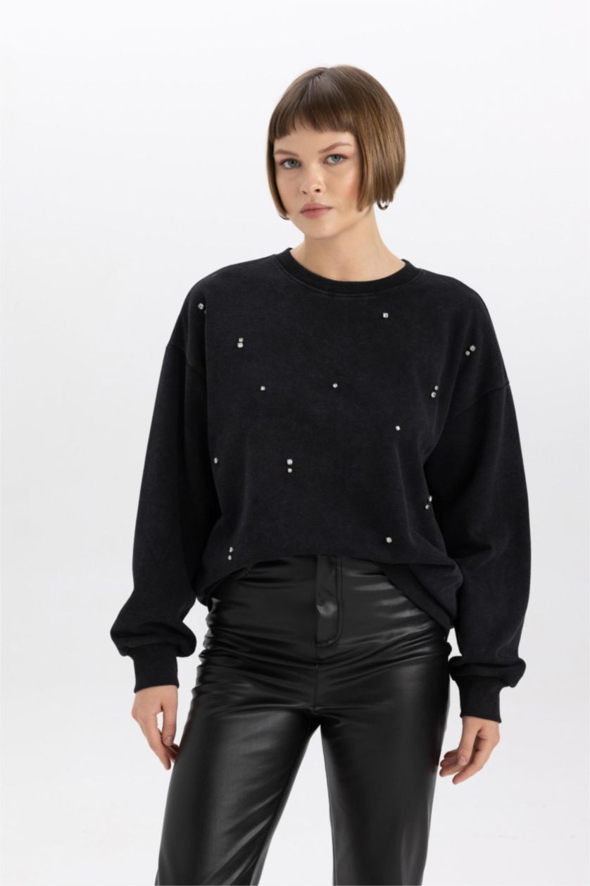 WOMAN Black Relax Fit Thick Sweatshirt Fabric Sweatshirt