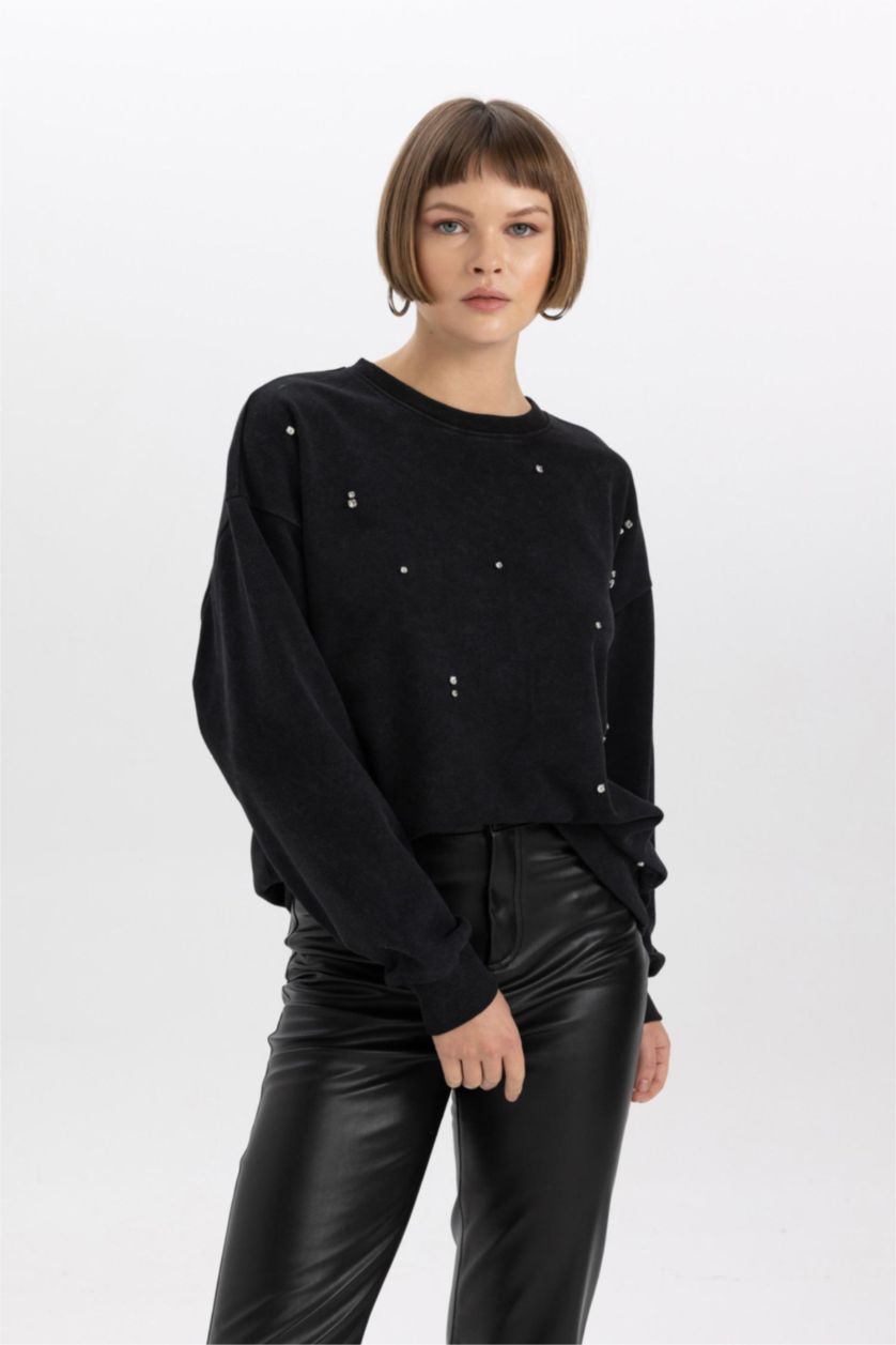WOMAN Black Relax Fit Thick Sweatshirt Fabric Sweatshirt