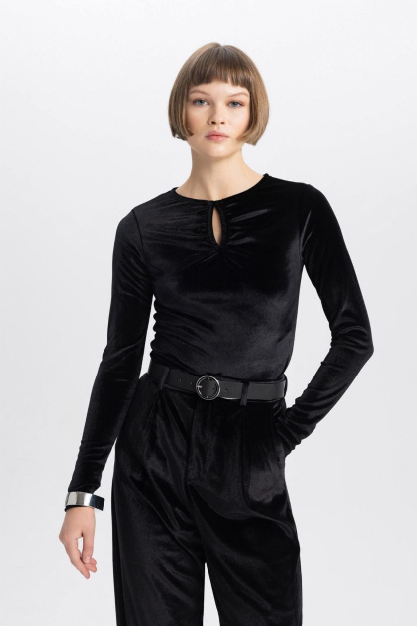 FEMME Noir T-Shirt Coupe Slim à Col Bateau à Manches Longues