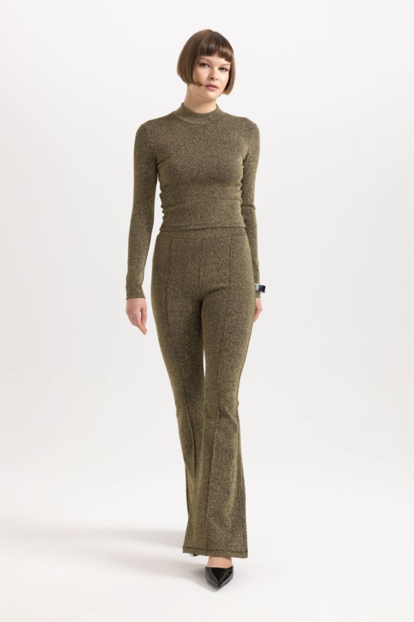 Kadın Siyah Wide Leg Geniş Paça Beli Lastikli Payetli Kumaş Pantolon