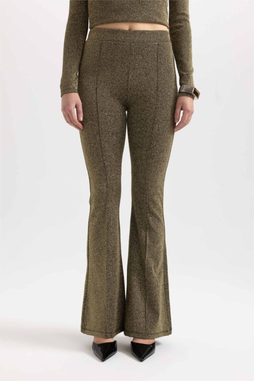 Kadın Siyah Wide Leg Geniş Paça Beli Lastikli Payetli Kumaş Pantolon