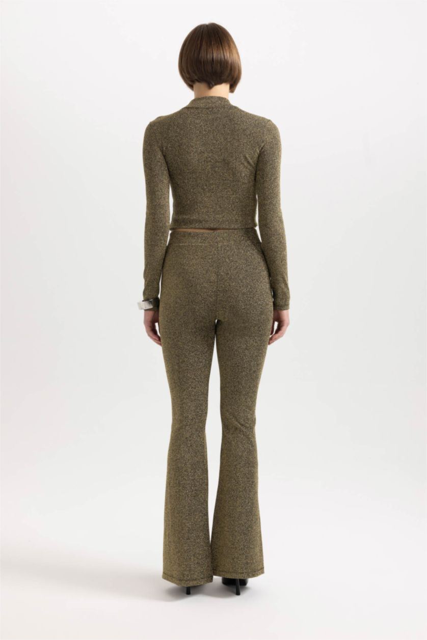 Kadın Siyah Wide Leg Geniş Paça Beli Lastikli Payetli Kumaş Pantolon