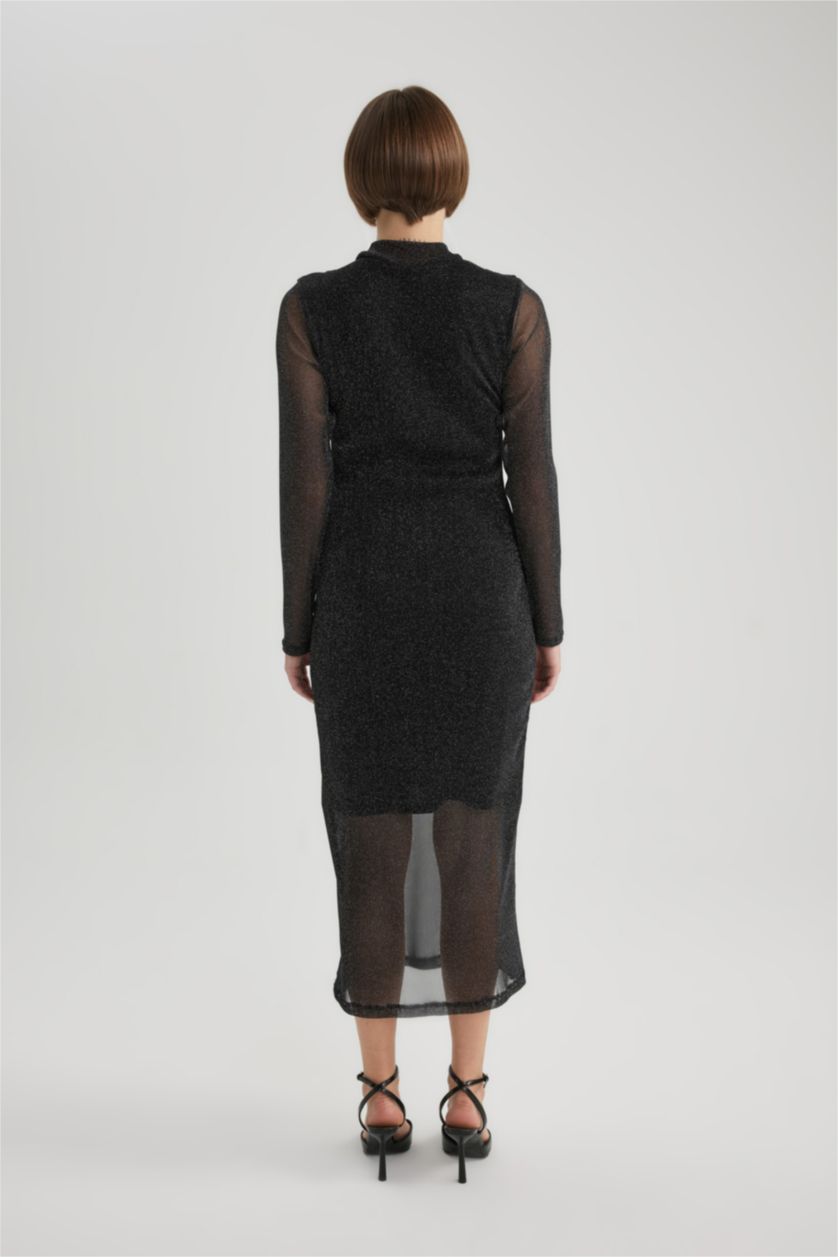 حريمي أسود فستان ميدي تول كم طويل بوديكون بنصف ياقة مدورة