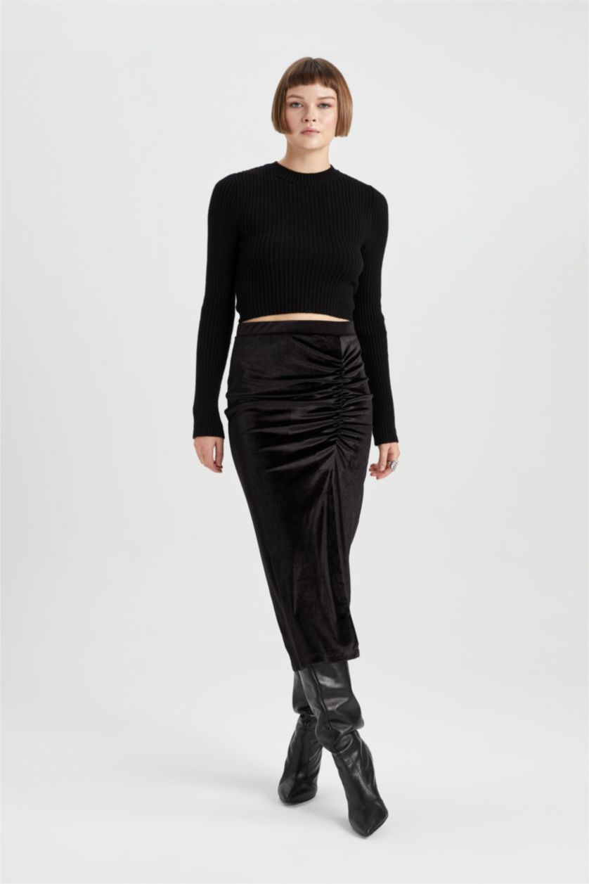 WOMAN Black Pencil Skirt Normal Waist Midi Knitted Skirt