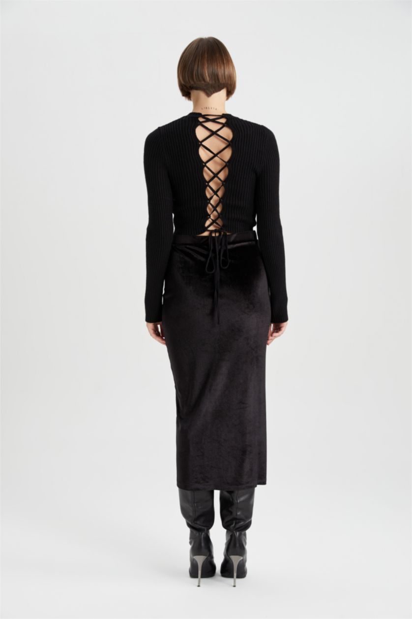 WOMAN Black Pencil Skirt Normal Waist Midi Knitted Skirt