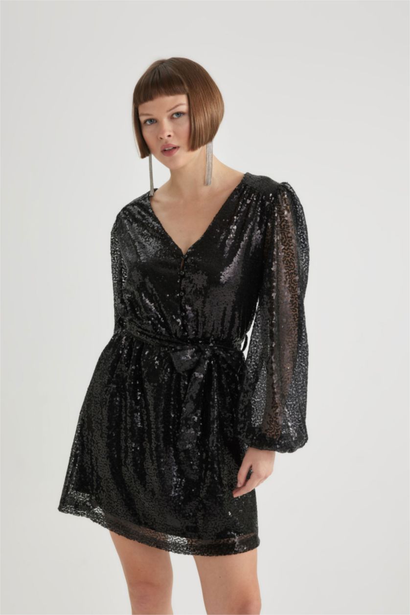 Женщины Черный Платье мини с длинным рукавом