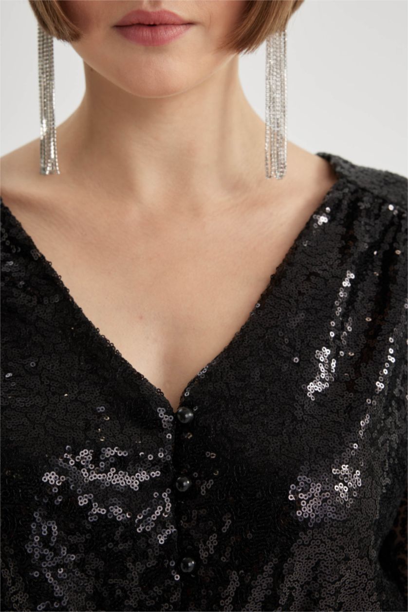 Женщины Черный Платье мини с длинным рукавом