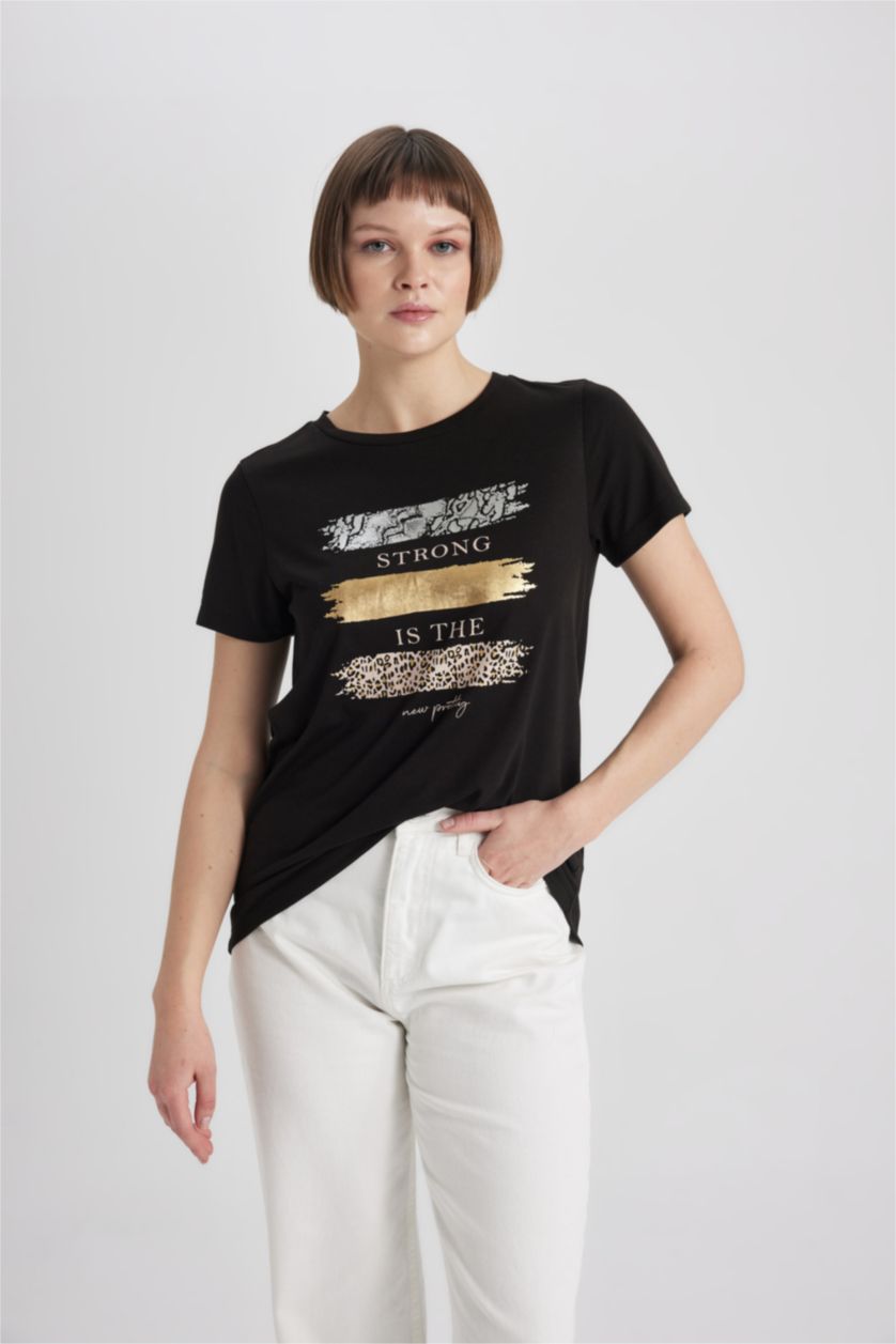 Женщины Черный Футболка свободного кроя с леопардовым принтом