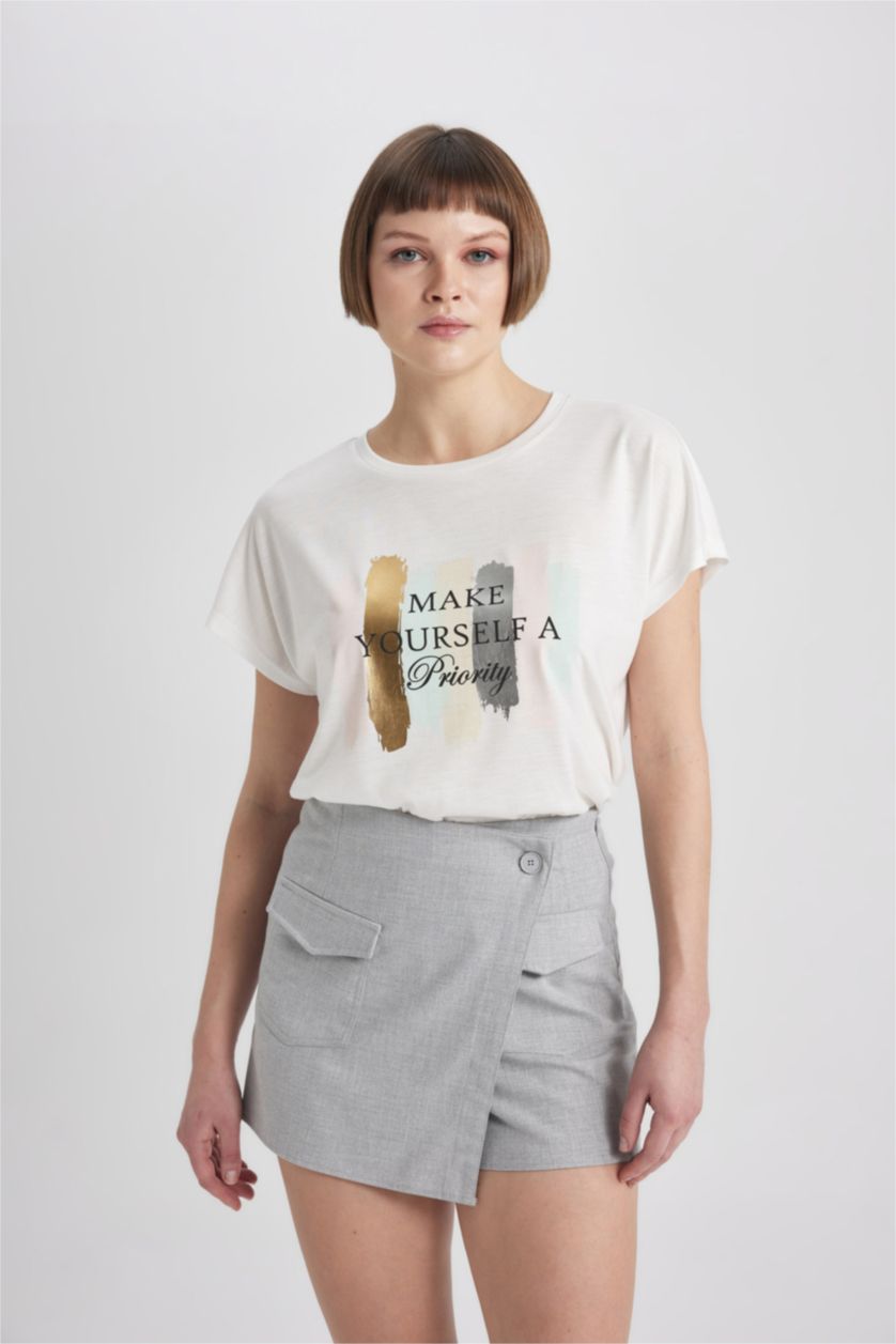 Женщины Бежевый Футболка с круглым вырезом с принтом