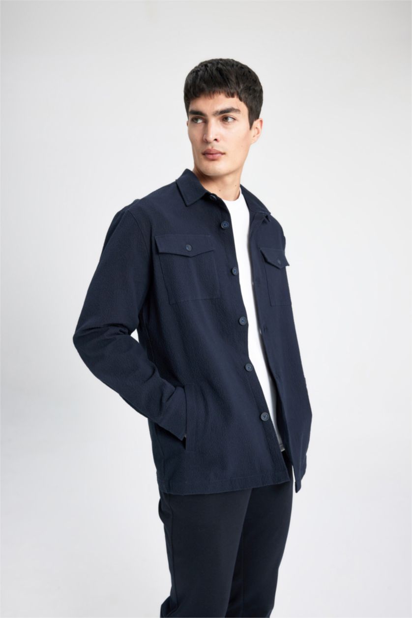 Erkek Lacivert Regular Fit Polo Yaka Gofre Dokulu Gömlek Ceket