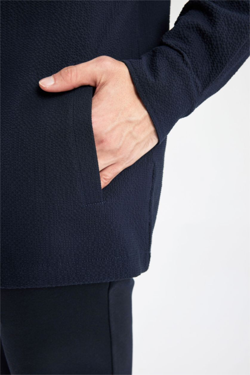 Erkek Lacivert Regular Fit Polo Yaka Gofre Dokulu Gömlek Ceket