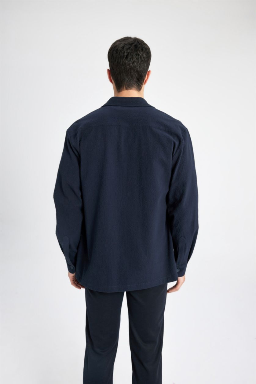 Erkek Lacivert Regular Fit Polo Yaka Gofre Dokulu Gömlek Ceket