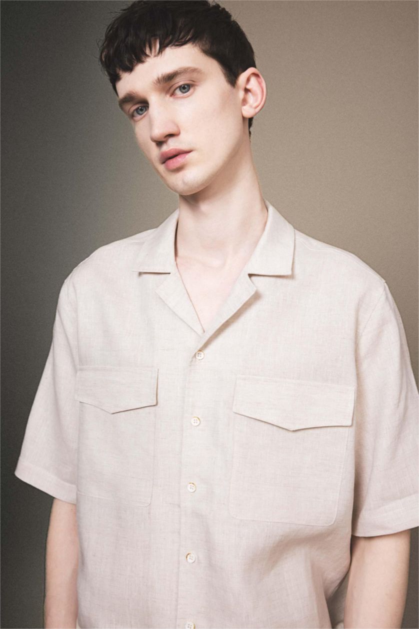 Erkek Bej %100 Keten Relax Fit Polo Yaka Yazlık Basic Düz Kısa Kollu Gömlek