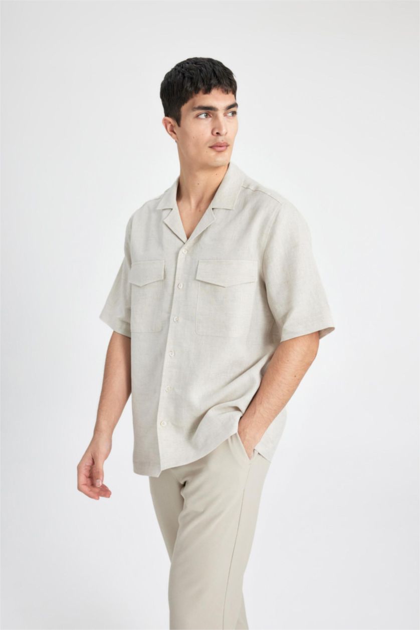 Erkek Bej %100 Keten Relax Fit Polo Yaka Yazlık Basic Düz Kısa Kollu Gömlek