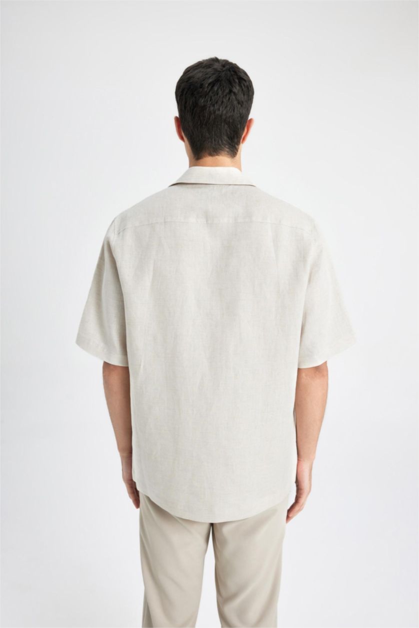 Erkek Bej %100 Keten Relax Fit Polo Yaka Yazlık Basic Düz Kısa Kollu Gömlek