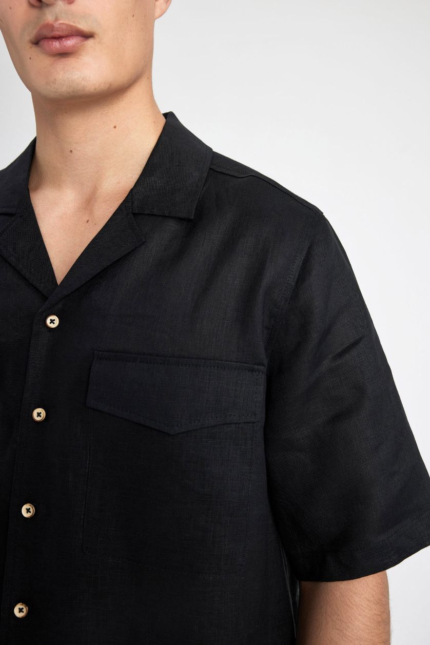 Erkek Siyah %100 Keten Relax Fit Polo Yaka Yazlık Basic Düz Kısa Kollu Siyah Gömlek