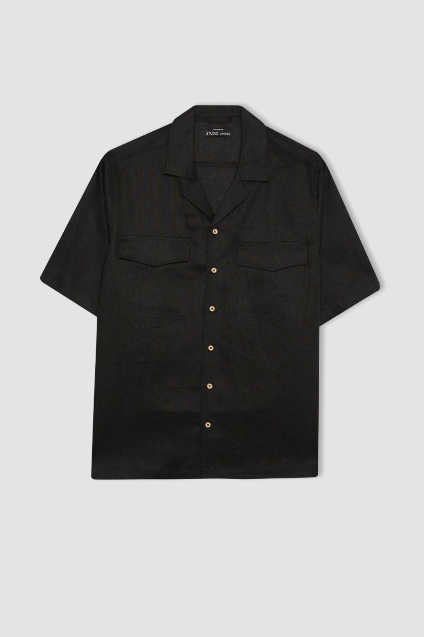 Erkek Siyah %100 Keten Relax Fit Polo Yaka Yazlık Basic Düz Kısa Kollu Siyah Gömlek