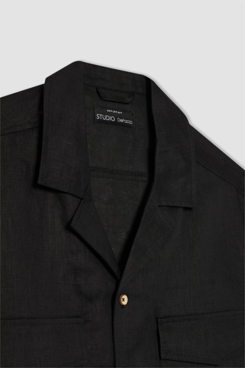 Erkek Siyah %100 Keten Relax Fit Polo Yaka Yazlık Basic Düz Kısa Kollu Siyah Gömlek