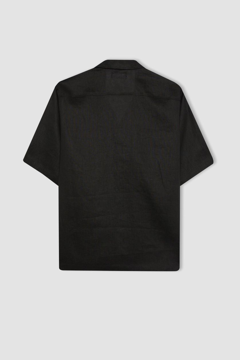 Erkek Siyah %100 Keten Relax Fit Polo Yaka Yazlık Basic Düz Kısa Kollu Siyah Gömlek