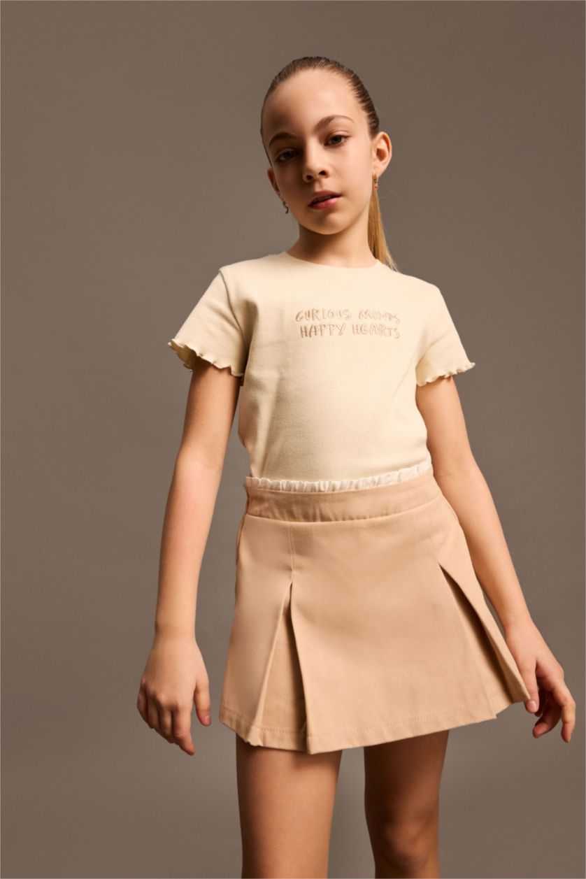 Girls & Teens Light Stone Girl Slim Fit Crew Neck Slogan Patterned Ribbed Camisole T-Shirt