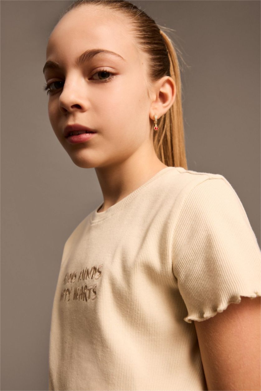 Girls & Teens Light Stone Girl Slim Fit Crew Neck Slogan Patterned Ribbed Camisole T-Shirt