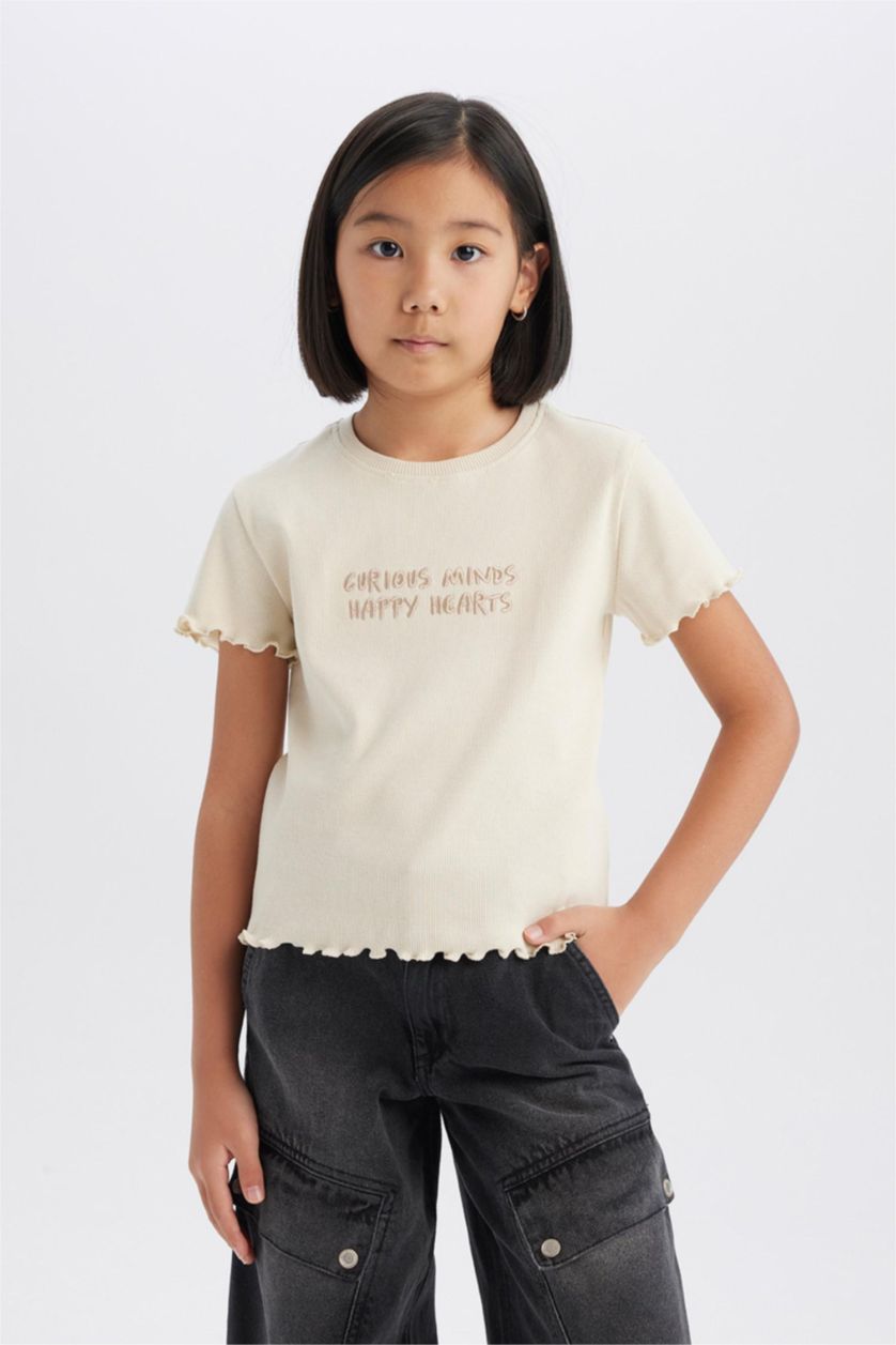 Girls & Teens Light Stone Girl Slim Fit Crew Neck Slogan Patterned Ribbed Camisole T-Shirt